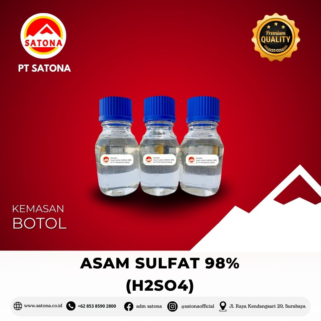 Asam Sulfat (H₂SO₄)<h2><strong>Asam Sulfat (H₂SO₄) – Produk Berkualitas Tinggi untuk Berbagai Industri</strong></h2><p><strong>Spesifikasi:</strong></p><ul><li><strong>Kadar H₂SO₄:</strong> Minimal 98%</li><li><strong>Impuritis:</strong>&nbsp;<ul><li><strong>Chlorida (Cl):</strong> Maksimal 10 ppm</li><li><strong>Nitrat (NO₃):</strong> Maksimal 5 ppm</li><li><strong>Besi (Fe):</strong> Maksimal 50 ppm</li><li><strong>Timbal (Pb):</strong> Maksimal 50 ppm</li></ul></li><li><strong>Bentuk:</strong> Cairan tidak berwarna</li><li><strong>SNI:</strong> 06-0030-1996 (Standar Nasional Indonesia)</li></ul><p><strong>Kegunaan:</strong> Asam Sulfat (H₂SO₄) kami adalah bahan kimia dengan kualitas tinggi yang banyak digunakan dalam berbagai sektor industri, antara lain:</p><ul><li><strong>Industri Pupuk:</strong> Digunakan dalam produksi pupuk seperti <strong>ZA</strong>, <strong>SP 36</strong>, dan <strong>SP 18</strong> untuk meningkatkan kualitas dan hasil pertanian.</li><li><strong>Bahan Kimia:</strong> Diperlukan untuk pembuatan <strong>Asam Fosfat</strong>, <strong>Tawas</strong>, <strong>PAC</strong>, <strong>Serat Rayon</strong>, <strong>Alkohol</strong>, dan <strong>Detergen</strong>.</li><li><strong>Industri Makanan:</strong> Diperlukan dalam pembuatan <strong>bumbu masak</strong> (seperti <strong>MSG</strong>), <strong>Lysine</strong>, dan produk lainnya.</li><li><strong>Industri Tekstil dan Spiritus:</strong> Berperan dalam proses pembuatan bahan tekstil dan produk-produk kimia lainnya.</li><li><strong>Utilitas Pabrik dan Pertambangan:</strong> Digunakan untuk berbagai aplikasi industri yang membutuhkan asam sulfat dalam proses-produksinya.</li></ul><p><strong>Kenapa Memilih Asam Sulfat (H₂SO₄) PT Satona?</strong></p><ul><li><strong>Kualitas Terjamin:</strong> Asam Sulfat dengan kemurnian tinggi, sesuai dengan standar SNI 06-0030-1996.</li><li><strong>Kandungan Impuritis Minimal:</strong> Dengan kandungan impurities yang sangat rendah, produk ini ideal untuk berbagai aplikasi industri.</li><li><strong>Produk Versatile:</strong> Digunakan di berbagai sektor industri, mulai dari pupuk hingga pembuatan bahan kimia dan produk makanan.</li></ul><p><strong>Pemesanan Langsung:</strong><br>Untuk informasi lebih lanjut atau pemesanan produk, kunjungi website kami di <a href="http://www.satona.co.id/"><span style="text-decoration: underline;">www.satona.co.id</span></a> atau hubungi kami melalui WhatsApp di <strong>0813-9394-8500</strong>.</p><p><strong>Alamat Kantor:</strong><br><strong>PT Satona</strong><br>Jalan Raya Kendangsari No 29, Surabaya</p><p><br></p>