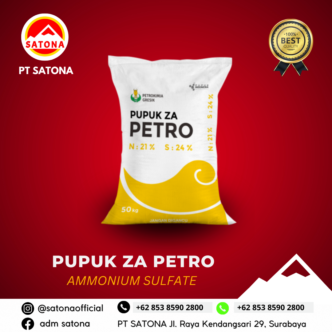 Pupuk ZA<h2><strong>Pupuk ZA (Urea Ammonium Sulfat) – Rahasia Sukses Pertanian Anda!</strong></h2><p><strong>Deskripsi Produk:</strong>&nbsp;</p><p><strong>Pupuk ZA</strong> (Urea Ammonium Sulfat) adalah solusi sempurna untuk meningkatkan hasil pertanian Anda. Dengan kandungan <strong>Nitrogen (20,8%)</strong> dan <strong>Belerang (23,8%)</strong> yang tinggi, produk ini memberikan nutrisi yang dibutuhkan tanaman untuk tumbuh sehat dan menghasilkan panen maksimal. Dikenal dengan bentuk kristalnya yang mudah digunakan, <strong>Pupuk ZA</strong> hadir dalam warna <strong>putih</strong> untuk produk reguler dan <strong>orange</strong> untuk ZA bersubsidi, dikemas dalam kantong 50 kg dengan cap <strong>Kerbau Emas</strong> yang menjamin kualitas dan keaslian.</p><p><strong>Keunggulan Pupuk ZA:</strong></p><ul><li><strong>Kemurnian Tinggi</strong>: Dengan kadar Nitrogen dan Belerang yang tinggi, Pupuk ZA membantu tanaman tumbuh lebih cepat dan sehat.</li><li><strong>Hasil Optimal</strong>: Pupuk ini sangat efektif untuk meningkatkan produksi tebu dan meningkatkan kualitas rendemen gula.</li><li><strong>Pengaruh Positif pada Tanaman</strong>: Membuat tanaman lebih hijau, memperbaiki warna, rasa, dan aroma hasil pertanian Anda.</li></ul><p><strong>Manfaat Pupuk ZA:</strong></p><ol><li><strong>Meningkatkan Produksi Tebu &amp; Hablur Gula</strong>: Membantu proses rendeman yang lebih efisien, meningkatkan hasil tebu yang lebih berkualitas dan manis.</li><li><strong>Memperbaiki Kualitas Hasil Panen</strong>: Meningkatkan ukuran umbi, warna yang lebih cerah, dan rasa yang lebih enak, menjadikan produk Anda lebih bernilai jual tinggi.</li><li><strong>Tanaman Lebih Hijau dan Subur</strong>: Memberikan asupan nutrisi yang optimal untuk pertumbuhan yang sehat, hijau, dan subur.</li></ol><p><strong>Kenapa Harus Memilih Pupuk ZA Kami?</strong></p><ul><li><strong>Kualitas Terbaik</strong>: Produk dengan kandungan nitrogen dan belerang yang tinggi, memberikan hasil maksimal untuk pertanian Anda.</li><li><strong>Efektif dan Mudah Digunakan</strong>: Bentuk kristal yang mudah diaplikasikan untuk berbagai jenis tanaman, menjadikan proses pemupukan lebih praktis dan efisien.</li><li><strong>Kemasan Berkualitas</strong>: Dikirim dalam kantong 50 kg dengan cap <strong>Kerbau Emas</strong> yang menjamin keaslian dan kualitas produk.</li></ul><p><strong>Pemesanan Mudah</strong>:<br>Dapatkan <strong>Pupuk ZA</strong> berkualitas terbaik untuk pertanian Anda! Kunjungi website kami di <a href="http://www.satona.co.id/"><span style="text-decoration: underline;">www.satona.co.id</span></a> atau hubungi kami melalui WhatsApp di 0813-9394-8500 untuk pemesanan.</p><p><strong>Alamat Kantor</strong>:<br>PT. Satona<br>Jalan Raya Kendangsari No 29, Surabaya</p><p><strong>Pupuk ZA</strong> adalah pilihan tepat untuk meningkatkan kualitas dan hasil pertanian Anda. Dengan Pupuk ZA, Anda akan merasakan perbedaan pada tanaman Anda, yang tumbuh lebih sehat, lebih hijau, dan menghasilkan panen yang lebih melimpah!</p><p><br></p>