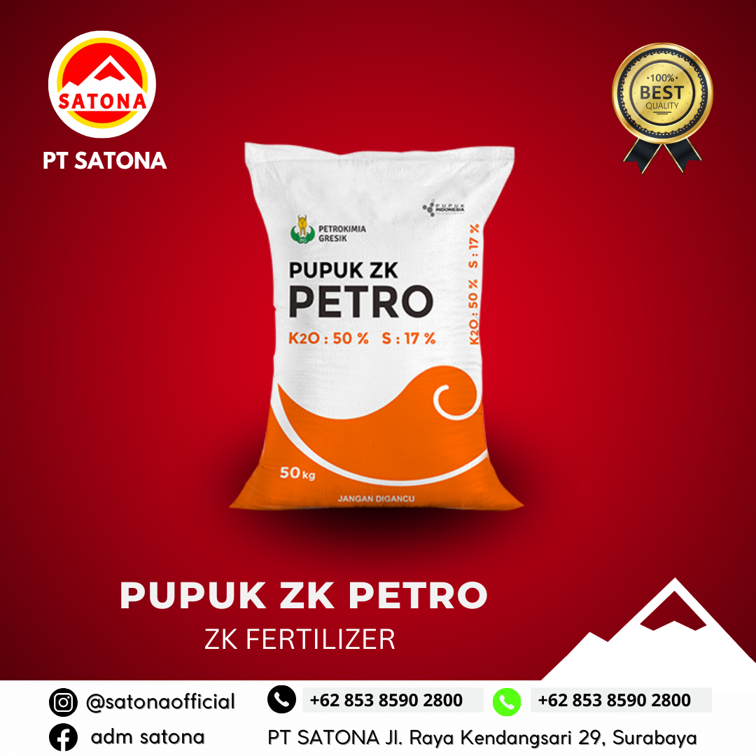 Pupuk ZK<h2>Pupuk ZK (Pupuk Kalium Sulfat) – Solusi Tepat untuk Tanaman Sehat dan Hasil Berkualitas&nbsp;</h2><p><strong>Deskripsi Produk:</strong>&nbsp;</p><p><strong>Pupuk ZK</strong> (<strong>Pupuk Kalium Sulfat)</strong> adalah pupuk berkualitas tinggi yang mengandung <strong>Kalium K₂O (50%)</strong> dan <strong>Sulfur (17%)</strong>, hadir dalam bentuk serbuk putih yang mudah larut dalam air. Pupuk ini dirancang untuk meningkatkan kesehatan tanaman dan hasil panen dengan memperbaiki penyerapan unsur hara penting seperti <strong>Nitrogen</strong> dan <strong>Fosfor</strong>, serta memperkuat ketahanan tanaman terhadap berbagai tantangan pertumbuhan.</p><p><strong>Spesifikasi Produk:</strong></p><ul><li><strong>Kalium (K₂O)</strong>: 50% – Mempercepat pertumbuhan dan memperbaiki ketahanan tanaman.</li><li><strong>Sulfur</strong>: 17% – Meningkatkan kualitas hasil panen serta membantu proses fotosintesis dan metabolisme tanaman.</li><li><strong>Bentuk</strong>: Serbuk Putih – Mudah larut dalam air untuk aplikasi yang efisien.</li><li><strong>Kelarutan dalam Air</strong>: 9,205 g / 100 ml H₂O – Memastikan pupuk dapat cepat terserap oleh tanaman.</li></ul><p><strong>Manfaat Pupuk Kalium Sulfat:</strong></p><ol><li><strong>Meningkatkan Penyerapan Unsur Hara</strong>: Membantu tanaman menyerap <strong>Nitrogen</strong> dan <strong>Fosfor</strong> secara optimal, mempercepat pertumbuhannya.</li><li><strong>Memperkuat Tanaman</strong>: Membuat tanaman lebih tegak dan kokoh, serta meningkatkan ketahanan terhadap angin atau cuaca buruk.</li><li><strong>Meningkatkan Ketahanan Terhadap Kekeringan dan Hama</strong>: Memberikan kekuatan ekstra pada tanaman, membuatnya lebih tahan terhadap kondisi lingkungan yang ekstrem.</li><li><strong>Memperlancar Proses Metabolisme Tanaman</strong>: Mendukung metabolisme yang lebih efisien di dalam tanah, memastikan tanaman mendapatkan nutrisi dengan baik.</li><li><strong>Meningkatkan Kualitas Hasil Panen</strong>: Membantu meningkatkan ukuran, kualitas, dan jumlah hasil pertanian yang lebih baik, memberikan keuntungan lebih bagi petani.</li></ol><p><strong>Kenapa Memilih Pupuk ZK Kami?</strong></p><ul><li><strong>Kualitas Terjamin</strong>: Produk dengan kadar Kalium dan Sulfur yang tinggi, memberikan hasil pertanian yang lebih optimal.</li><li><strong>Serbaguna</strong>: Efektif untuk berbagai jenis tanaman, dari sayuran hingga buah-buahan, mendukung hasil yang lebih sehat dan produktif.</li><li><strong>Mudah Digunakan</strong>: Bentuk serbuk yang larut sempurna dalam air, memudahkan aplikasi.</li></ul><p><strong>Pemesanan dan Informasi</strong>:<br>Dapatkan <strong>Pupuk ZK</strong> berkualitas tinggi untuk mendukung kesuksesan pertanian Anda! Kunjungi website kami di <a href="http://www.satona.co.id/"><span style="text-decoration: underline;">www.satona.co.id</span></a> atau hubungi kami melalui WhatsApp di 0813-9394-8500 untuk pemesanan.</p><p><strong>Alamat Kantor</strong>:<br>PT. Satona<br>Jalan Raya Kendangsari No 29, Surabaya</p><p><strong>Pupuk ZK</strong> adalah solusi tepat untuk memperkuat dan meningkatkan kualitas hasil pertanian Anda. Dengan pupuk ini, tanaman Anda akan tumbuh lebih sehat, kuat, dan memberikan hasil yang maksimal!</p><p><br></p>